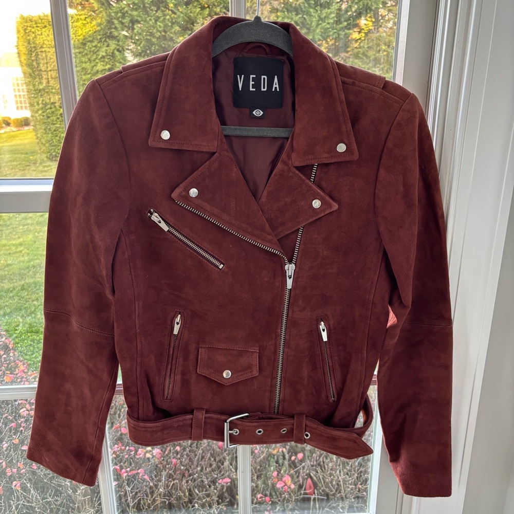 VEDA Jayne Goat Leather Suede Moto Biker Jacket - Rust